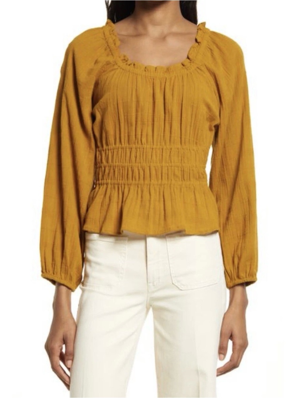 Madewell Sophia textured Mustard Yellow Smocked Blouse small NWT